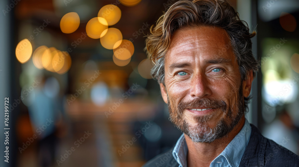 A man with a beard and a smile is standing in front of a building. He is wearing a blue shirt and a jacket. Businessman with a fearless smile A man with a beard and a smile is standing in front of a building. He is wearing a blue shirt and a jacket. Businessman with a fearless smile