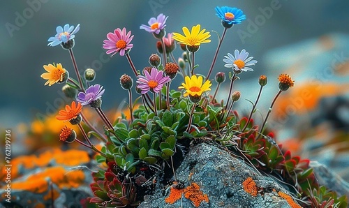 close-up shot of a group of small wildflowers blooming colourfully on a rocky part photo