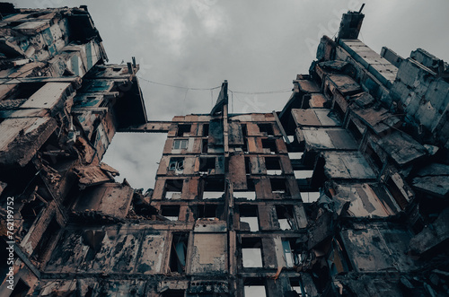 Photos destroyed and burned houses in the city during the war in Ukraine