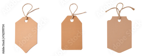 Light brown cardboard tags in set, isolated on transparent background