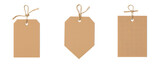 Light brown cardboard tags in set, isolated on transparent background