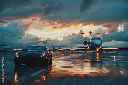 Luxury car on the tarmac with a private jet in the distance. © Robert