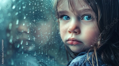 Sad little girl looking out the window on rain drops through wet glass autumn bad weather. Toning instagram filter.