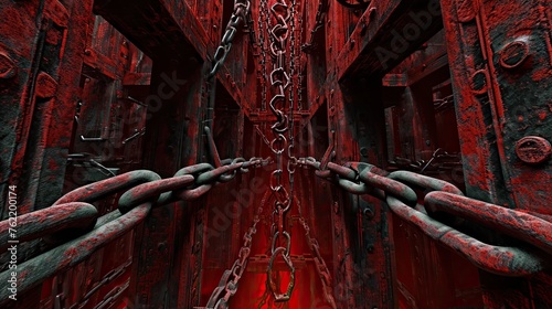 Punishment through a maze of interconnected chains and locks, forming intricate patterns. The color palette of deep reds and ominous blacks is influenced by the surreal digital art. Futuristic hallway