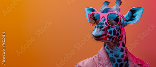 A stylish giraffe donning a pink jacket and striking sunglasses against a gradient background