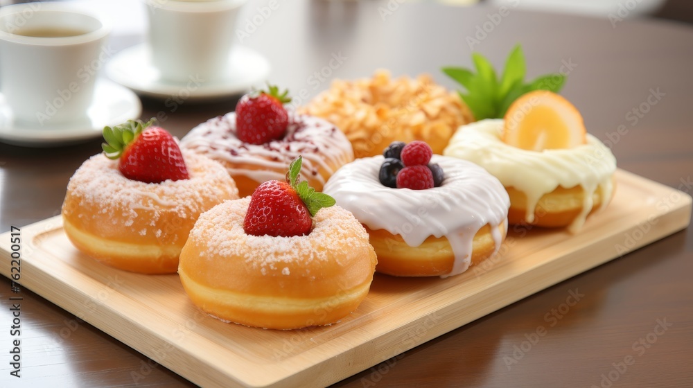 Freshly baked donuts with colorful fruit toppings on wooden board in modern cafe setting. Freshly baked donuts with colorful fruit toppings on wooden board in modern cafe setting.