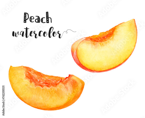 Watercolor illustration of peach fruit slice close up. Design template for packaging, menu, postcards. PNG