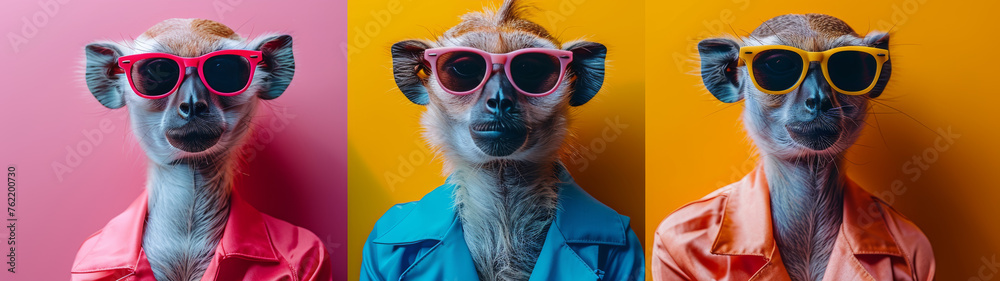 Fashionable meerkat in pink sunglasses set against split pink and yellow background exudes chic and humor