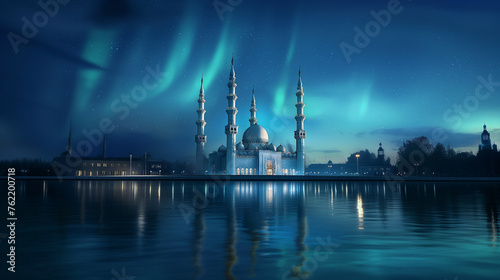 Mosque by the lake with four minarets in the northern night sky with aurora light