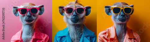 Fashionable meerkat in pink sunglasses set against split pink and yellow background exudes chic and humor © Daniel