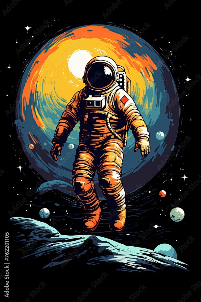 Astronaut on an alien planet. Futuristic space exploration concept. Poster design. Ai Generative Astronaut on an alien planet. Futuristic space exploration concept. Poster design. Ai Generative