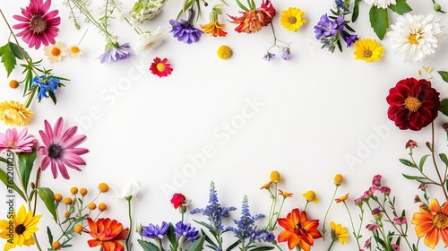 Frame with colorful flowers on clear white background. Greeting card design for holiday, Mother's day, Easter, Valentine day. Springtime composition with copy space. Flat lay, top view