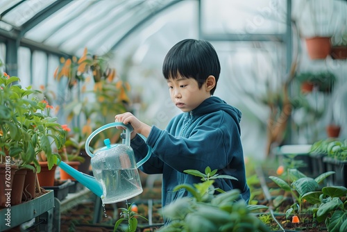 Little chineese boy watering, taking care of plants in greenhouse, during first spring days. Concept of water conservation in garden and family gardening.