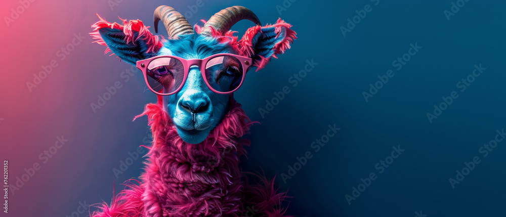 A Goat figure prominent horns and feathered detail exudes an air of intrigue and drama against a dual-tone background