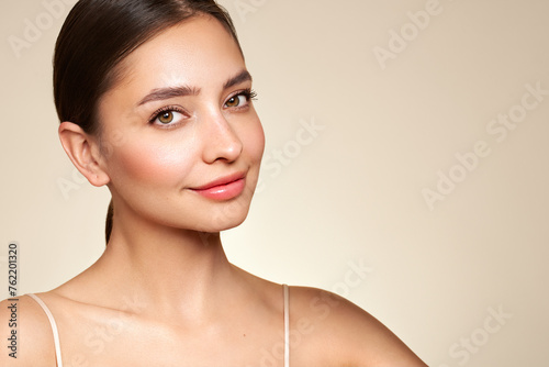 Portrait beautiful young woman with clean fresh skin. Model with healthy skin, close up portrait. Cosmetology, beauty and spa