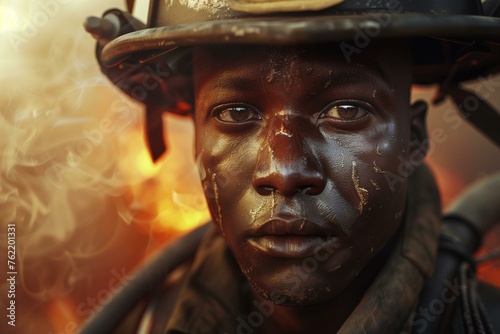 Portrait of a black firefighter man with tears in his eyes and fire in the background.