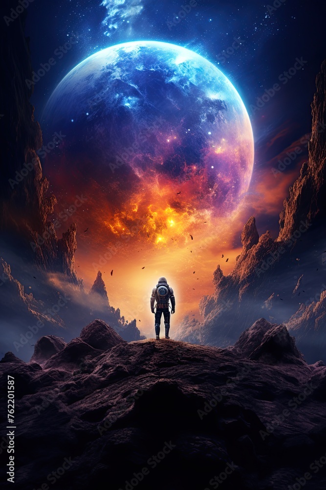 Astronaut on an alien planet. Futuristic space exploration concept. Poster design. Ai Generative