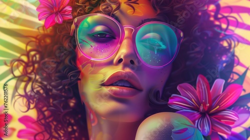  Standard or Extended Girl with glasses on a background of surreal design using acid colors, summer holidays