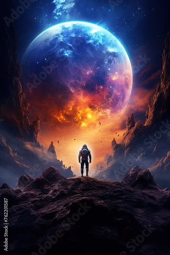 Astronaut on an alien planet. Futuristic space exploration concept. Poster design. Ai Generative