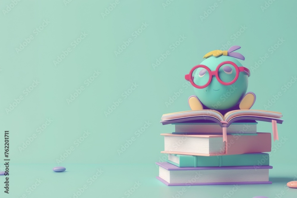 Green Ball With Glasses on Stack of Books