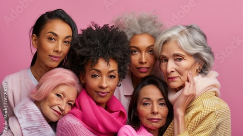 Group of diverse women of different ages and ethnities posing together, symbolizing unity and multigenerational beauty on a pink background