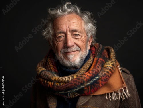 Elderly man smiling at camera. A close-up portrait of an elderly, man with a warm smile, wearing fashionable clothes. © MiniMaxi