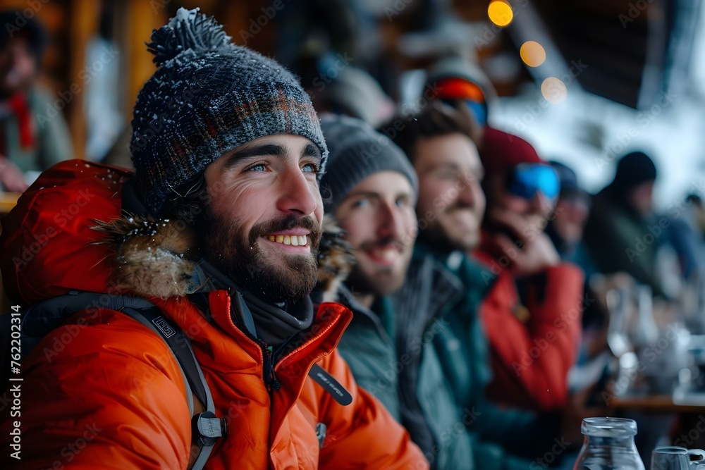 Skiers socializing at a lively aprèsski gathering in a mountain lodge. Concept Après-ski Party, Skiers, Mountain Lodge, Socializing, Lively Gathering Skiers socializing at a lively aprèsski gathering in a mountain lodge. Concept Après-ski Party, Skiers, Mountain Lodge, Socializing, Lively Gathering