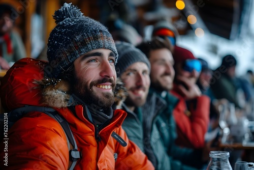 Skiers socializing at a lively aprèsski gathering in a mountain lodge. Concept Après-ski Party, Skiers, Mountain Lodge, Socializing, Lively Gathering