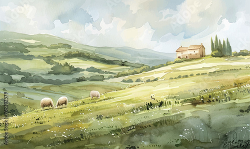 watercolor illustration sheeps on the hill
