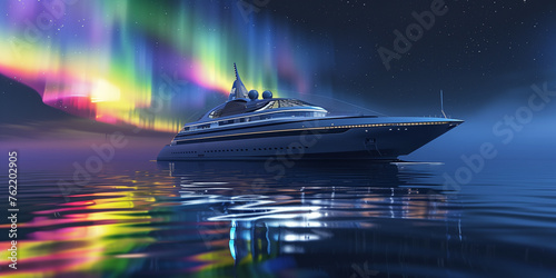 Luxury futuristic Cruise ship in the northern calm sea with colorful aurora light in the night sky