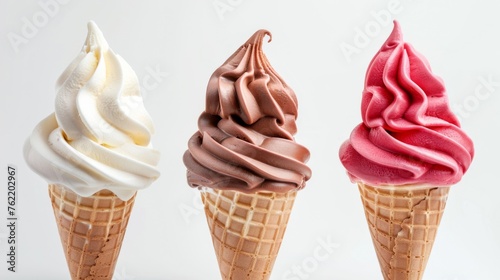 Summer food photography - Set collection of chocolate, vanilla and strawberry soft ice cream in ice cream cone waffle, isolated on white background © Corri Seizinger