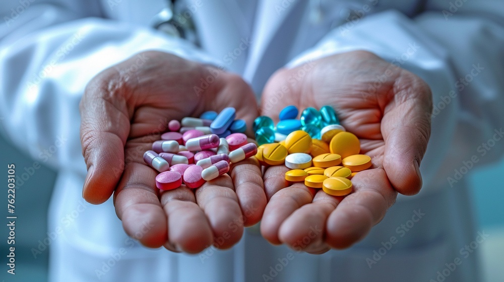close-up of a physician with several pills in his hands. close-up of a physician with several pills in his hands.