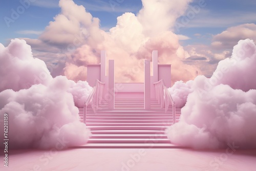 Fluffy Podium pink clouds sky. Minimal color. Generate Ai