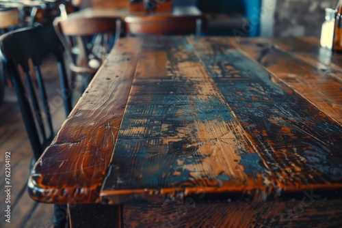 Close-Up of Weathered Vintage Wooden Table Surface with Rich Patina, Ideal for Rustic Backgrounds