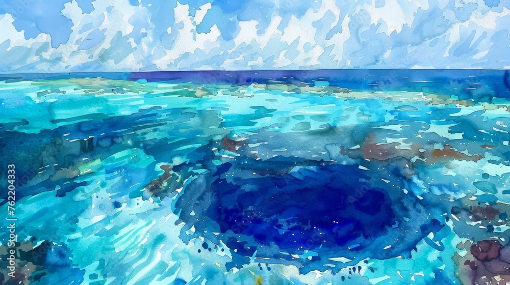 A stunning watercolor painting of the Great Blue Hole, a massive underwater sinkhole in the ocean, known for its deep blue color and unique structure. - obrazy, fototapety, plakaty 