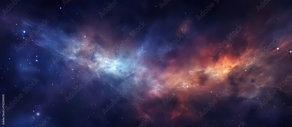 The sky resembles a galaxy with clusters of purple and violet clouds, creating a mesmerizing scene like a celestial astronomical object with electric blue gas