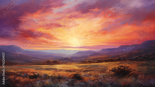 Luminous Sunset Over a Pastoral Landscape with Clouds