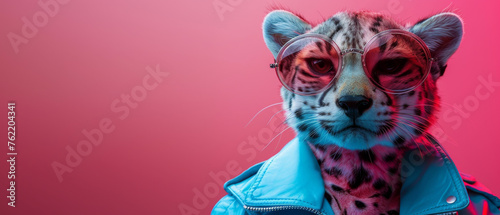 An ocelot makes a fashion statement with heart-shaped pink sunglasses and a blue jacket photo