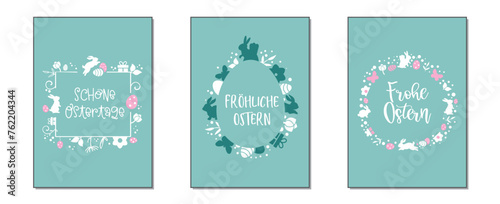 Ostergrüße mit drei verschiedenen österlichen Motiven und wünschen auf türkisfarbenem Hintergrund
