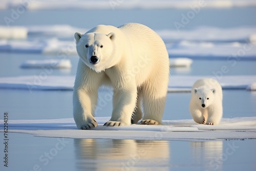 White Polar bears snow arctic walking. Frozen world frigid snowy creature. Generate Ai