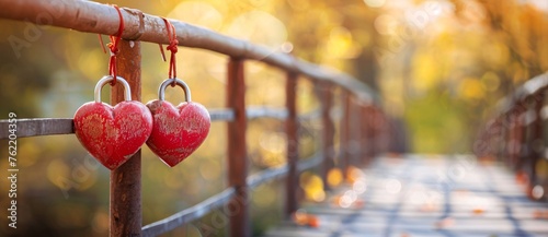 Two red heartshaped love locks hanging on the wooden bridge in park with blurred nature background. Love concept. 's Day