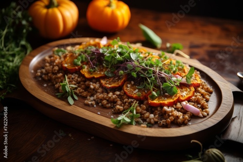 Buckwheat dish with pumpkin and caramelized onions, complemented with fresh green herbs, on a wooden serving tray, embodying buckwheat aesthetics.