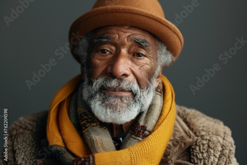 Elderly man smiling at camera. A close-up portrait of an elderly  man with a warm smile  wearing fashionable clothes.