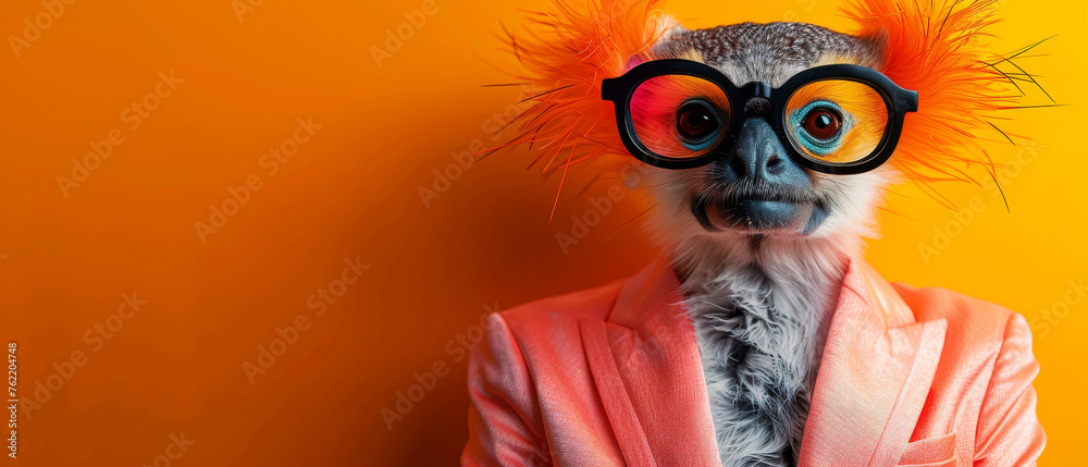A lemur sporting oversized, colorful glasses and a funky hairstyle against an orange backdrop