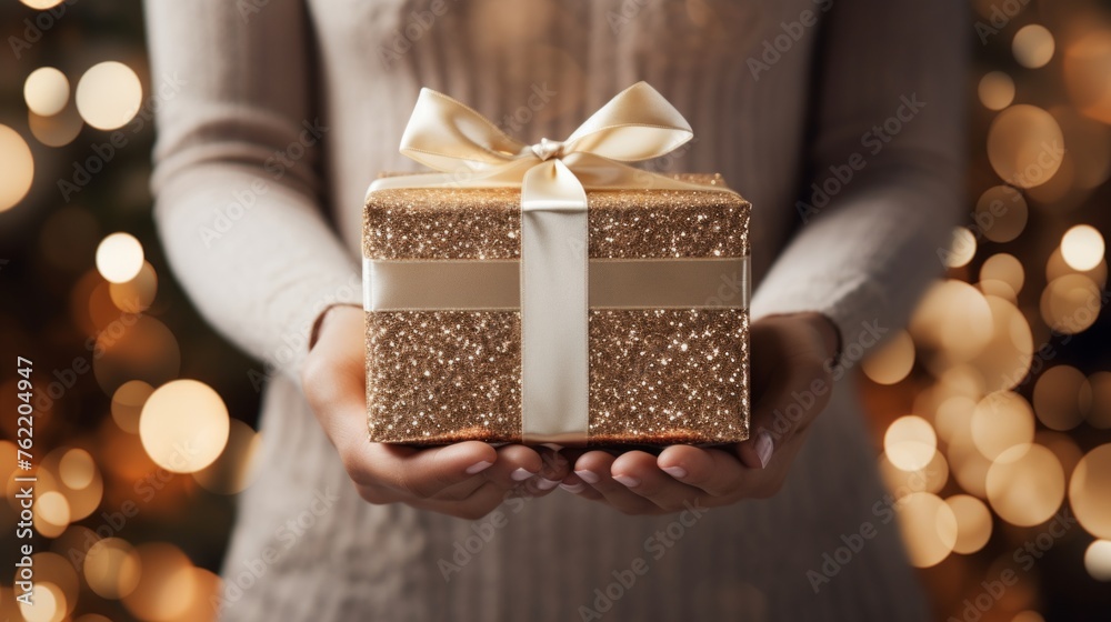 Generative AI Woman's graceful hands holding a lavish white silver gift box with a bow, set against a festive backdrop, Xmas and New Year postcard design Generative AI Woman's graceful hands holding a lavish white silver gift box with a bow, set against a festive backdrop, Xmas and New Year postcard design