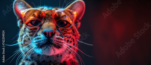 A digital artwork featuring a cat with vibrant fur wearing stylish orange glasses against a cool blue and red background