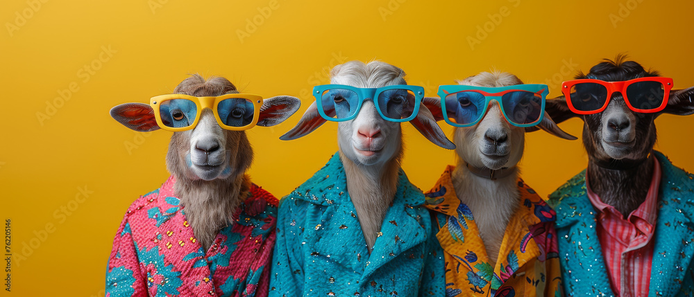 A row of funny goats wearing vibrant jackets and sunglasses with a creative pop of color - obrazy, fototapety, plakaty 