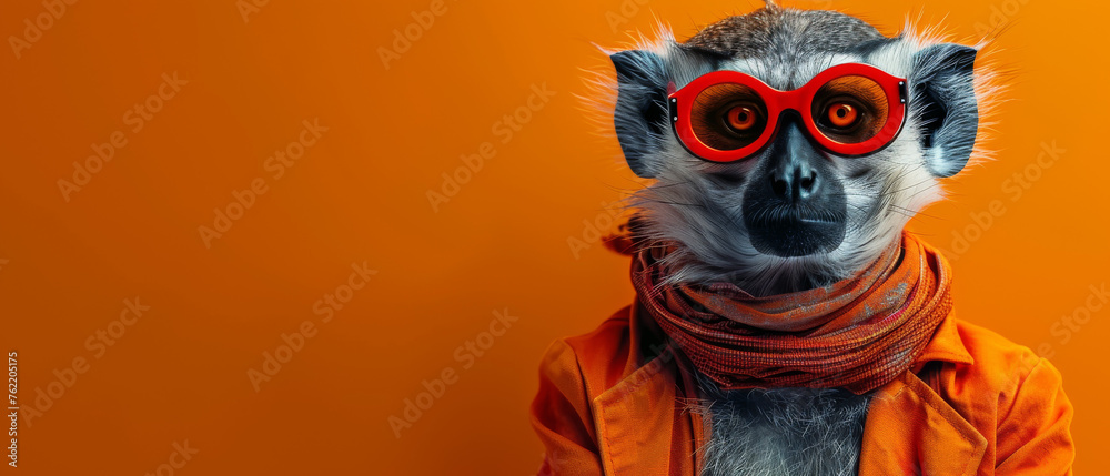 A single monkey dressed in orange attire and bold red glasses, providing a strong visual impact