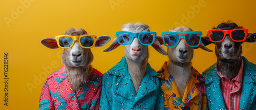 A row of funny goats wearing vibrant jackets and sunglasses with a creative pop of color photo