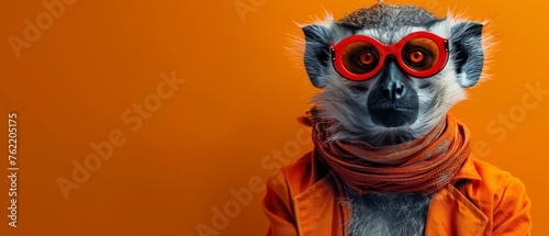 A single monkey dressed in orange attire and bold red glasses  providing a strong visual impact